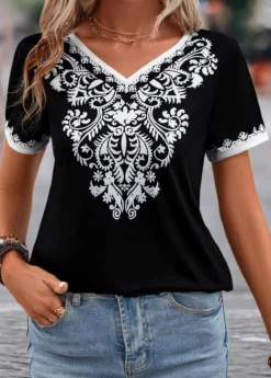 Black Patchwork Tribal Print Short Sleeve T Shirt 11 Black Patchwork Tribal Print Short Sleeve T Shirt -LICA Clothing Shop 329987 P 16831845134195