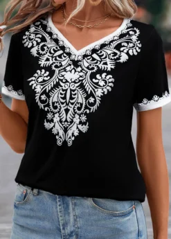 Black Patchwork Tribal Print Short Sleeve T Shirt 10 Black Patchwork Tribal Print Short Sleeve T Shirt -LICA Clothing Shop 329987 P 16831845135354