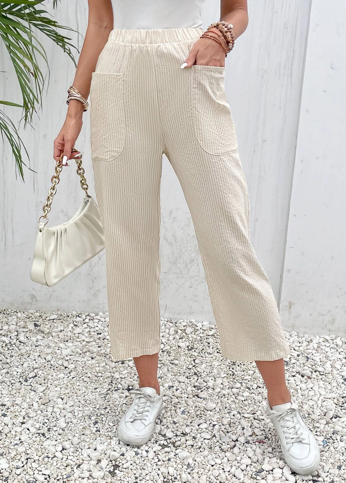 Beige Pocket Elastic Waist High Waisted Pants 4 Beige Pocket Elastic Waist High Waisted Pants - Image 4