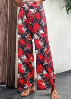 Red Lightweight Leaf Print Elastic Waist Pants -LICA Clothing Shop 330088 P 16818067611543