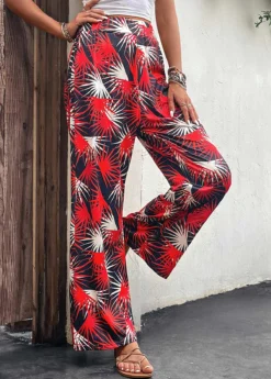 Red Lightweight Leaf Print Elastic Waist Pants -LICA Clothing Shop 330088 P 16818067614032