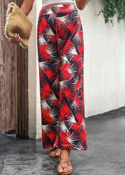 Red Lightweight Leaf Print Elastic Waist Pants -LICA Clothing Shop 330088 P 16818067619075