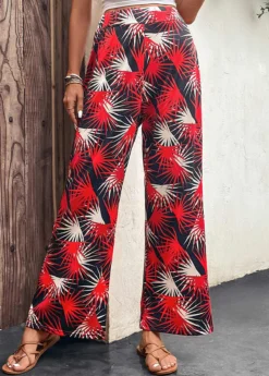 Red Lightweight Leaf Print Elastic Waist Pants