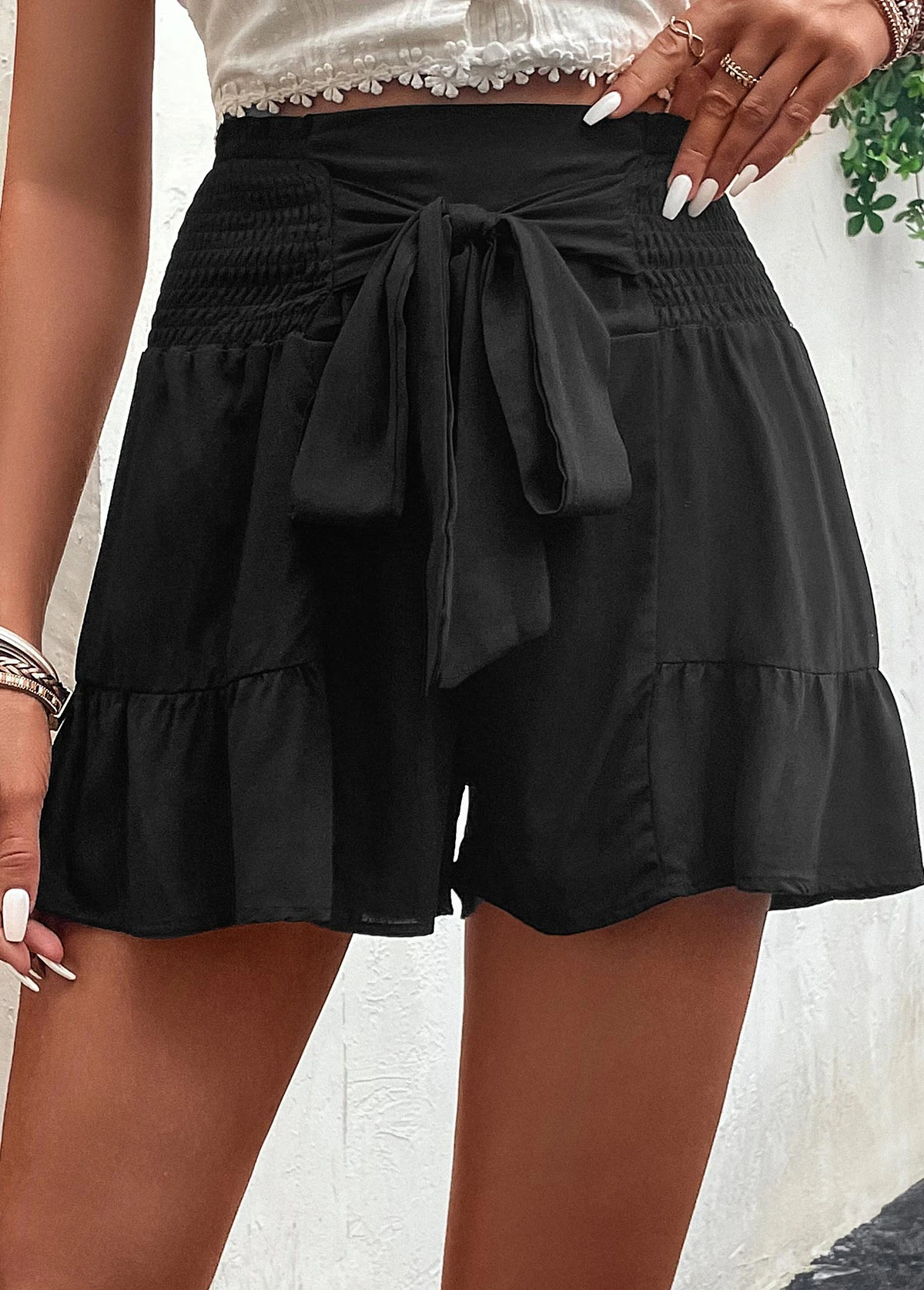Black Bowknot Elastic Waist High Waisted Shorts 1 Black Bowknot Elastic Waist High Waisted Shorts