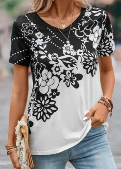 Black Lightweight Floral Print Short Sleeve T Shirt