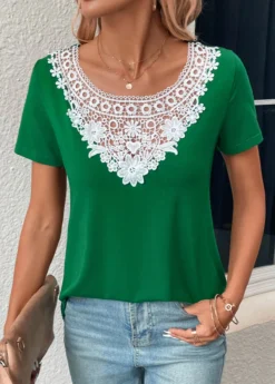 Green Patchwork Short Sleeve Boat Neck T Shirt -LICA Clothing Shop 331059 P 16831928092795