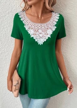 Green Patchwork Short Sleeve Boat Neck T Shirt -LICA Clothing Shop 331059 P 16831928094254