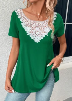 Green Patchwork Short Sleeve Boat Neck T Shirt