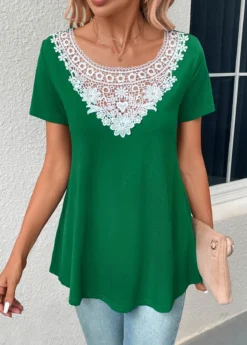 Green Patchwork Short Sleeve Boat Neck T Shirt -LICA Clothing Shop 331059 P 16831928098793