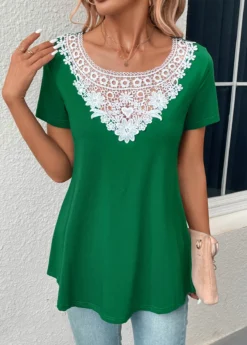 Green Patchwork Short Sleeve Boat Neck T Shirt -LICA Clothing Shop 331059 P 16831928099752