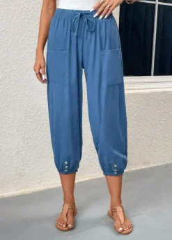 Blue Pocket Elastic Waist High Waisted Jogger Pants -LICA Clothing Shop 331063 P 16831819831854