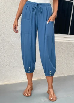 Blue Pocket Elastic Waist High Waisted Jogger Pants -LICA Clothing Shop 331063 P 16831819834972