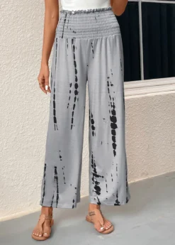 Grey Smocked Graffiti Print Elastic Waist Pants