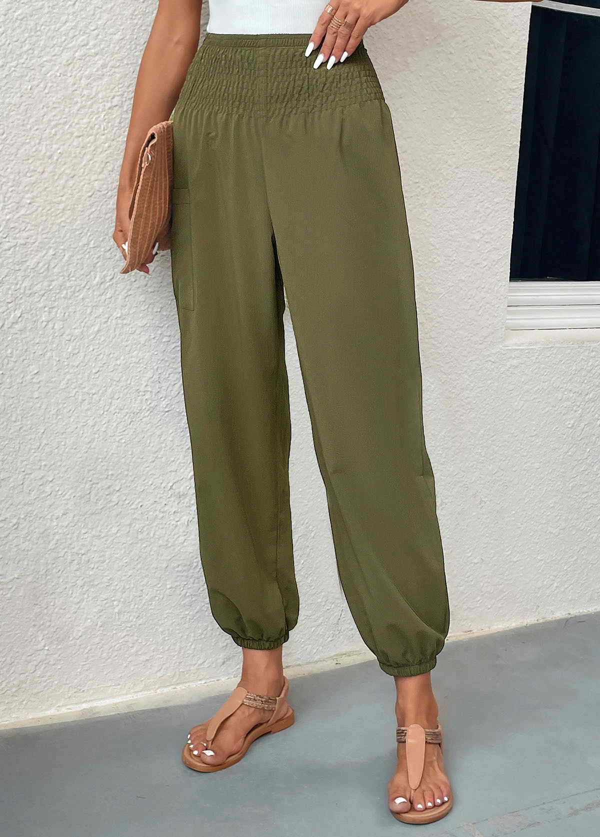 Blackish Green Smocked Regular Elastic Waist Pants 5 Blackish Green Smocked Regular Elastic Waist Pants - Image 5