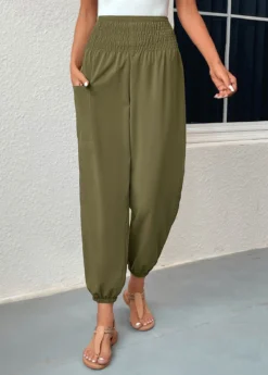 Blackish Green Smocked Regular Elastic Waist Pants 8 Blackish Green Smocked Regular Elastic Waist Pants -LICA Clothing Shop 331093 P 16831820555612