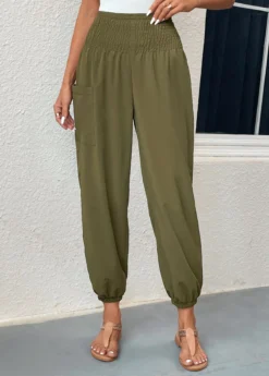 Blackish Green Smocked Regular Elastic Waist Pants