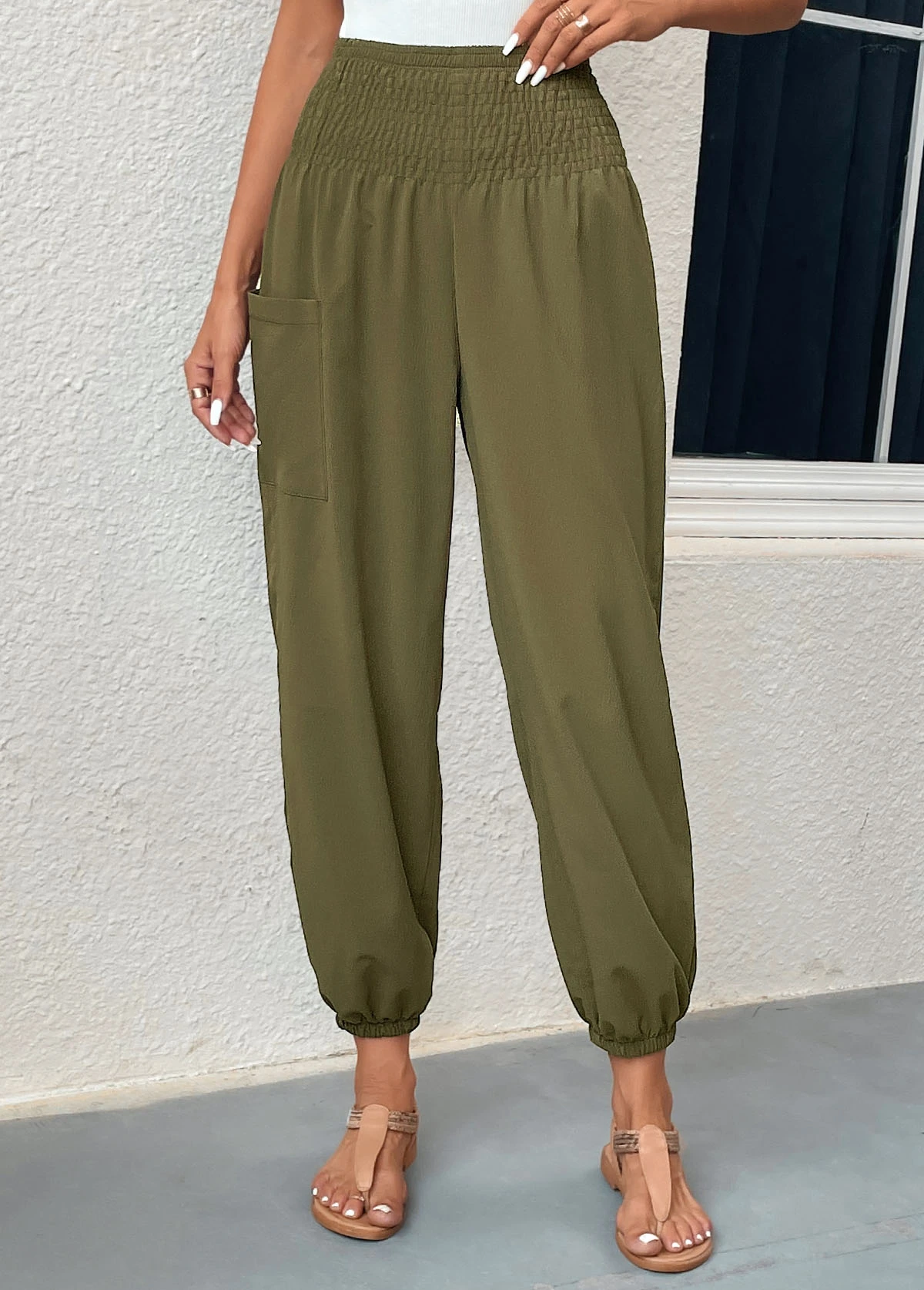 Blackish Green Smocked Regular Elastic Waist Pants 1 Blackish Green Smocked Regular Elastic Waist Pants