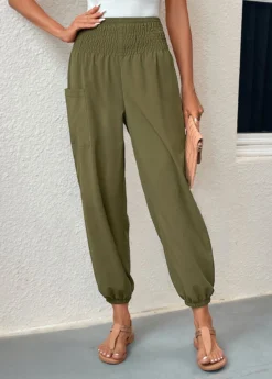 Blackish Green Smocked Regular Elastic Waist Pants 11 Blackish Green Smocked Regular Elastic Waist Pants -LICA Clothing Shop 331093 P 16831820558455