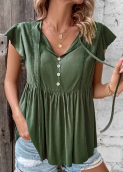 Blackish Green Ruched Short Sleeve T Shirt