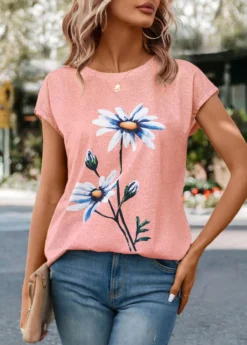 Pink Floral Print Short Sleeve T Shirt -LICA Clothing Shop 331272 P 16809561824785