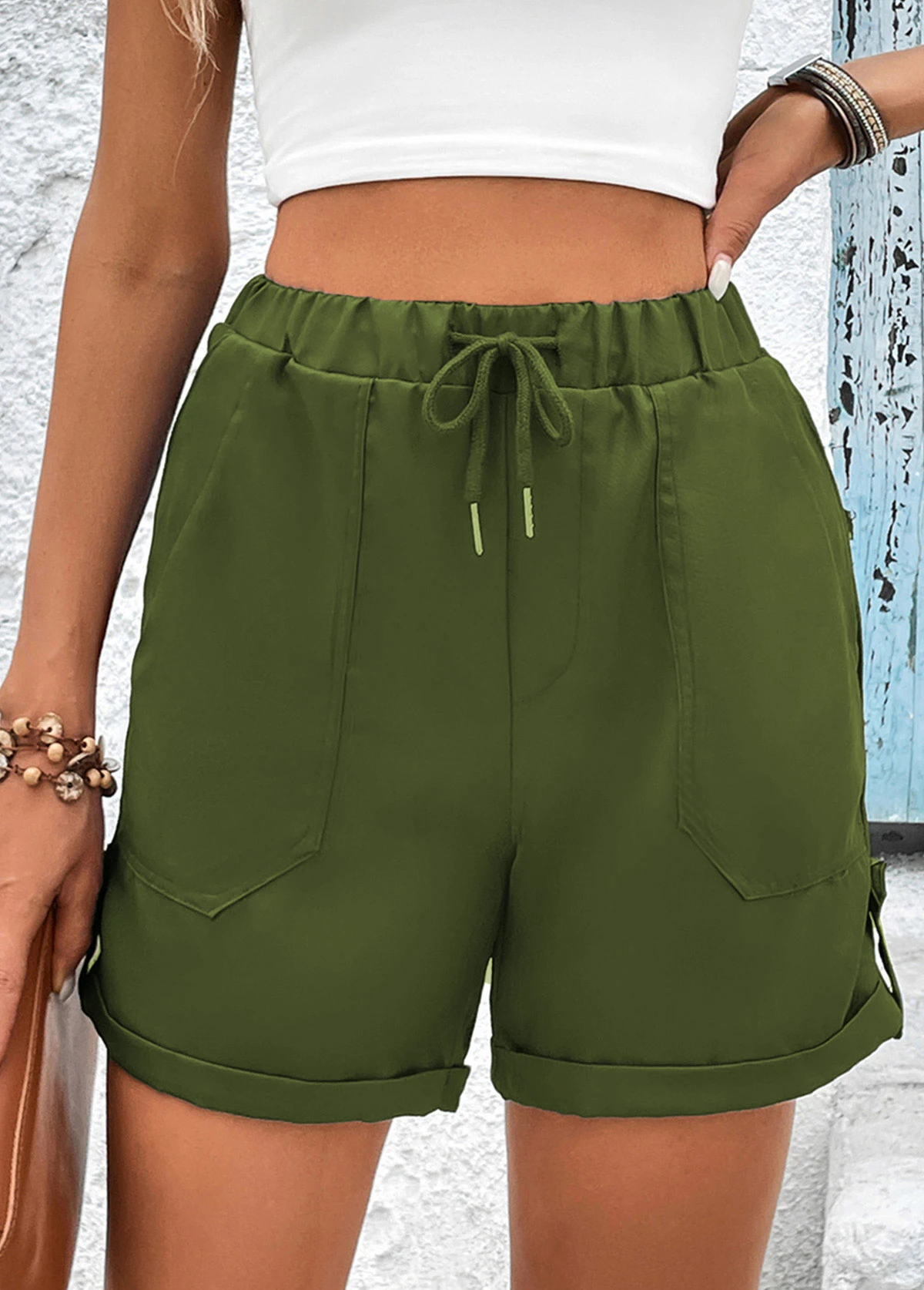 Olive Green Pocket Drawastring High Waisted Shorts 1 Olive Green Pocket Drawastring High Waisted Shorts