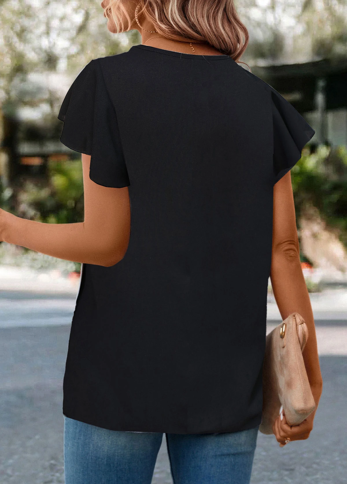 Black Button Short Sleeve Round Neck T Shirt 2 Black Button Short Sleeve Round Neck T Shirt - Image 2