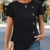 Black Button Short Sleeve Round Neck T Shirt