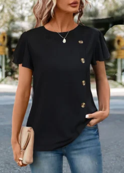 Black Button Short Sleeve Round Neck T Shirt