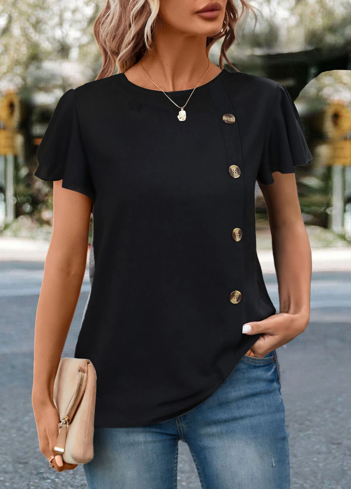 Black Button Short Sleeve Round Neck T Shirt 1 Black Button Short Sleeve Round Neck T Shirt