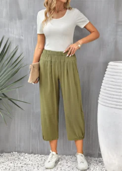 Olive Green Pocket Regular Elastic Waist Pants -LICA Clothing Shop 331693 P 16838778961634