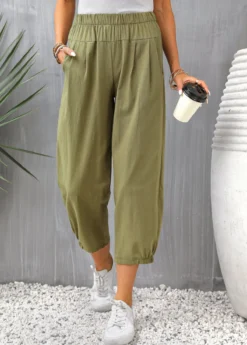 Olive Green Pocket Regular Elastic Waist Pants -LICA Clothing Shop 331693 P 16838778962043