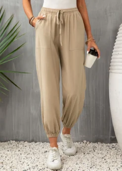 Light Camel Pocket Drawastring High Waisted Jogger Pants