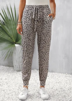 Light Camel Pocket Leopard Jogger Elastic Waist Pants