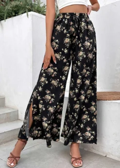 Black Split Ditsy Floral Print Flare Leg Pants