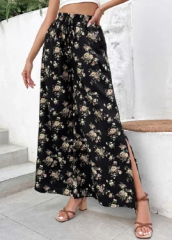 Black Split Ditsy Floral Print Flare Leg Pants -LICA Clothing Shop 332646 P 1682325369479