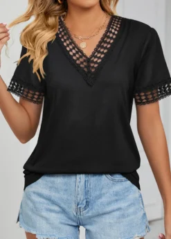 Black Patchwork Short Sleeve V Neck T Shirt 5 Black Patchwork Short Sleeve V Neck T Shirt -LICA Clothing Shop 332827 P 1682559823336