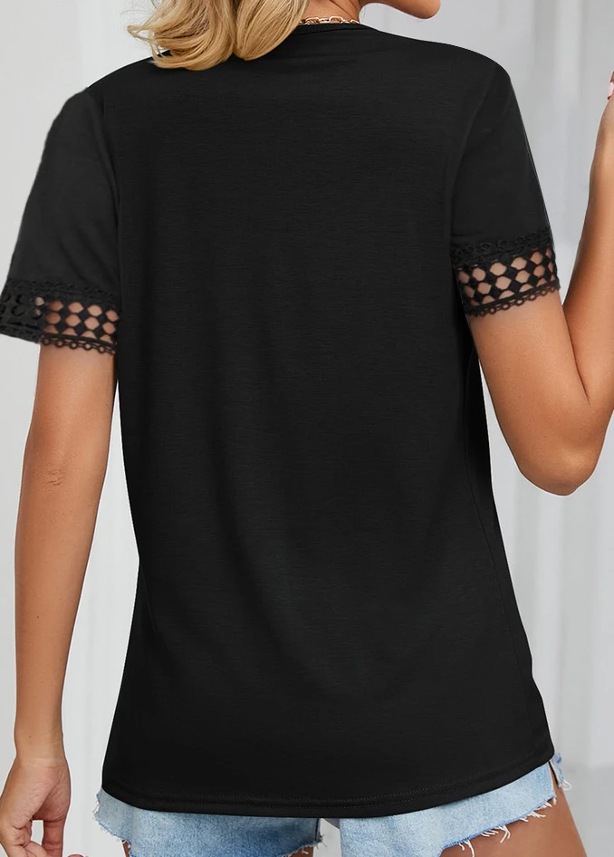 Black Patchwork Short Sleeve V Neck T Shirt 2 Black Patchwork Short Sleeve V Neck T Shirt - Image 2