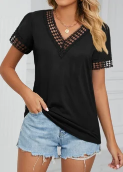 Black Patchwork Short Sleeve V Neck T Shirt