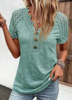 Green Lace Short Sleeve V Neck T Shirt -LICA Clothing Shop 333182 P 16831997657035