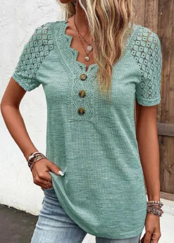 Green Lace Short Sleeve V Neck T Shirt -LICA Clothing Shop 333182 P 16831997657854