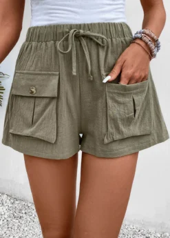 Olive Green Pocket Elastic Waist High Waisted Shorts -LICA Clothing Shop 333366 P 16856094172562