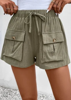 Olive Green Pocket Elastic Waist High Waisted Shorts -LICA Clothing Shop 333366 P 16856094174564