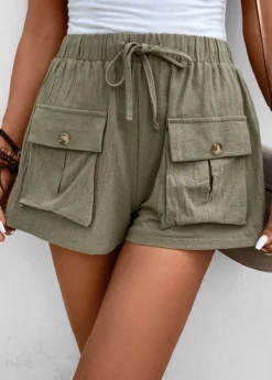 Olive Green Pocket Elastic Waist High Waisted Shorts -LICA Clothing Shop 333366 P 16856094175915