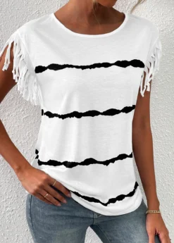White Tassel Striped Short Sleeve T Shirt 7 White Tassel Striped Short Sleeve T Shirt -LICA Clothing Shop 333369 P 16859668801822