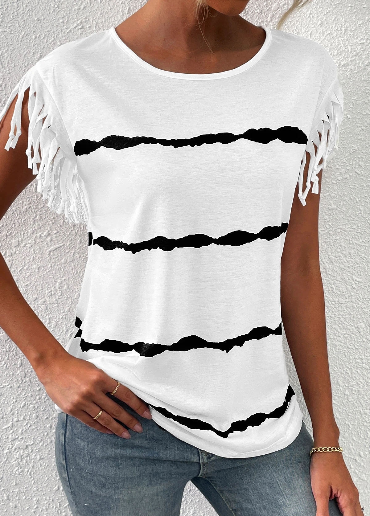 White Tassel Striped Short Sleeve T Shirt 3 White Tassel Striped Short Sleeve T Shirt - Image 3