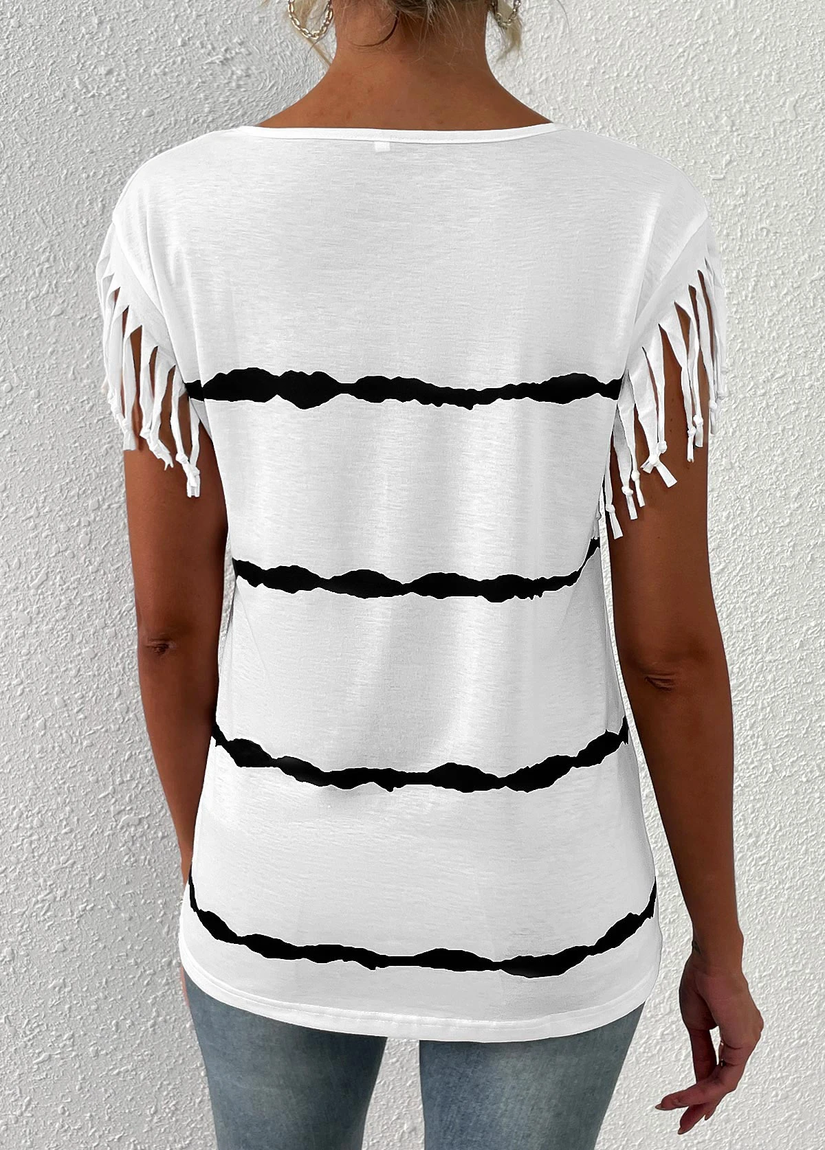 White Tassel Striped Short Sleeve T Shirt 2 White Tassel Striped Short Sleeve T Shirt - Image 2