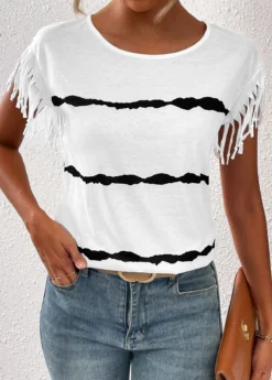 White Tassel Striped Short Sleeve T Shirt 9 White Tassel Striped Short Sleeve T Shirt -LICA Clothing Shop 333369 P 16859668802504