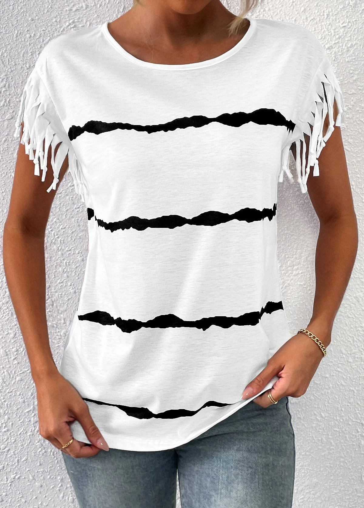 White Tassel Striped Short Sleeve T Shirt 1 White Tassel Striped Short Sleeve T Shirt
