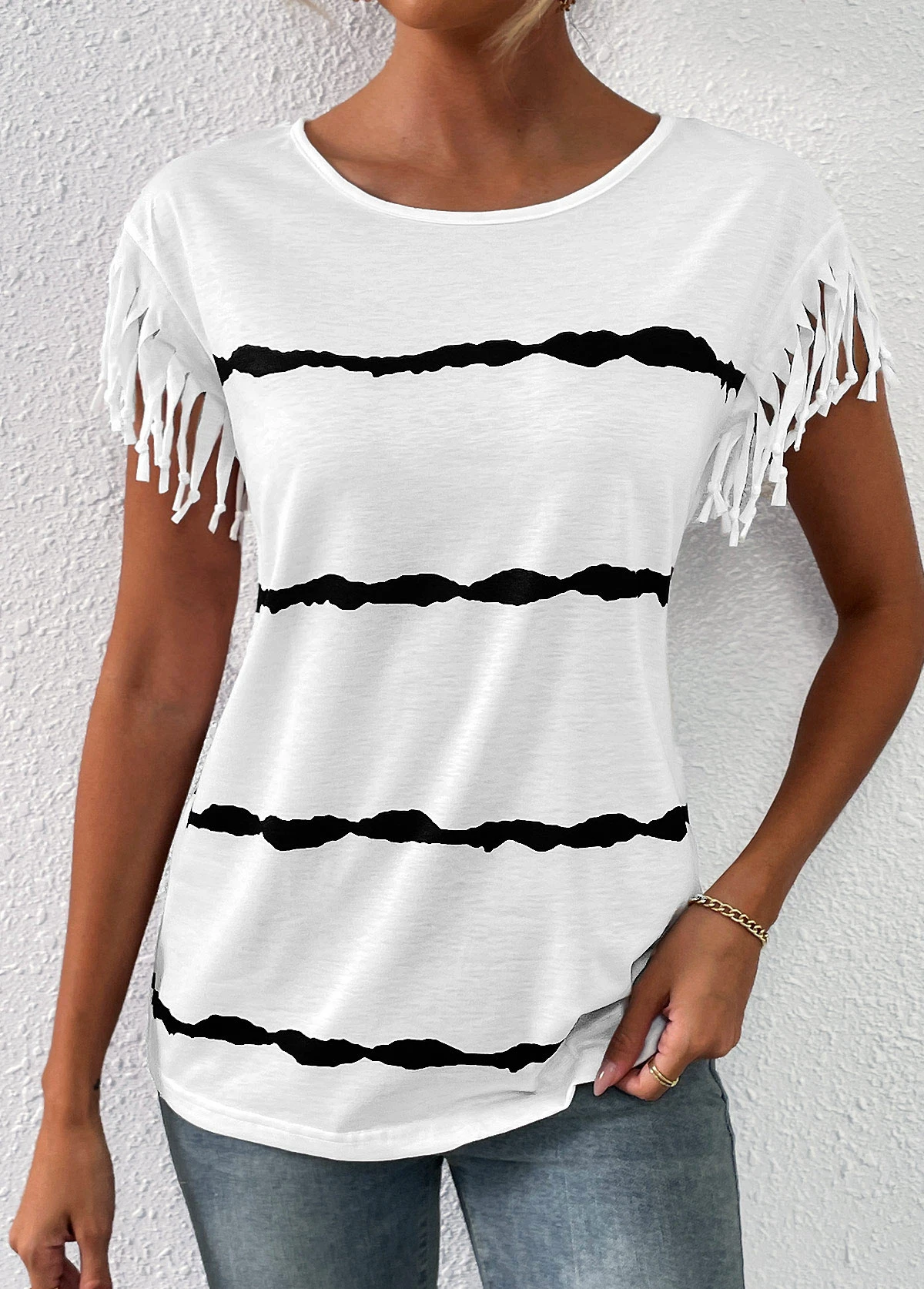White Tassel Striped Short Sleeve T Shirt 4 White Tassel Striped Short Sleeve T Shirt - Image 4