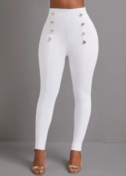 White Button Skinny Elastic Waist High Waisted Pants -LICA Clothing Shop 333478 P 16839798541060